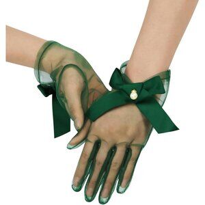 Women's Tulle Mesh Green Bow Pearl Short Gloves Hallowmas Wedding Accessory